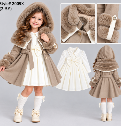 Girls 2pc Fur Trim Hooded Coat & Pleated Dress Set (2-5y)
