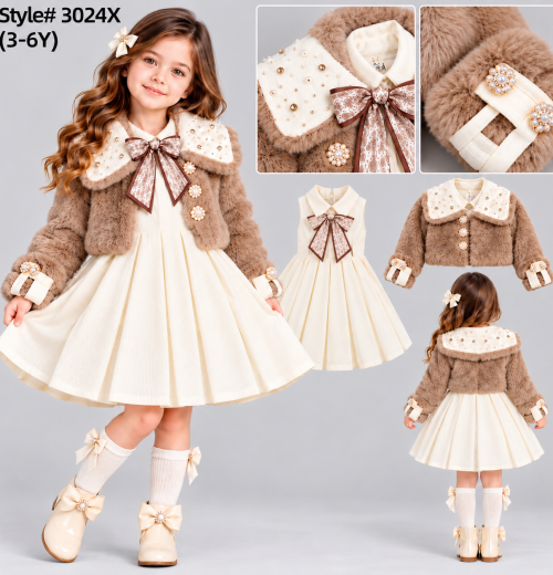 Girls 2pc Fur Pearl Shrug & Pleated Dress Set (3-6y)