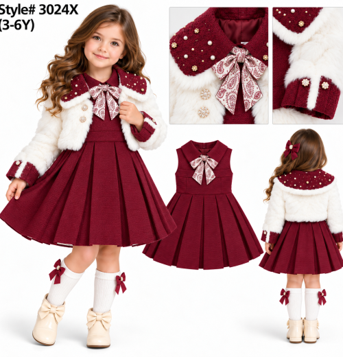 Girls 2pc Fur Pearl Shrug & Pleated Dress Set (3-6y)