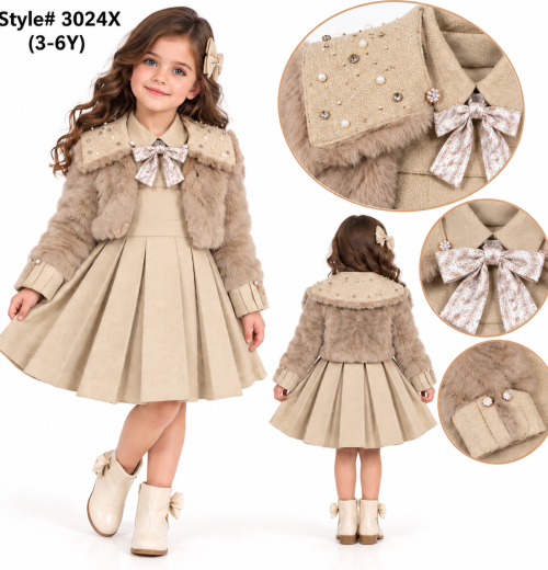 Girls 2pc Fur Pearl Shrug & Pleated Dress Set (3-6y)