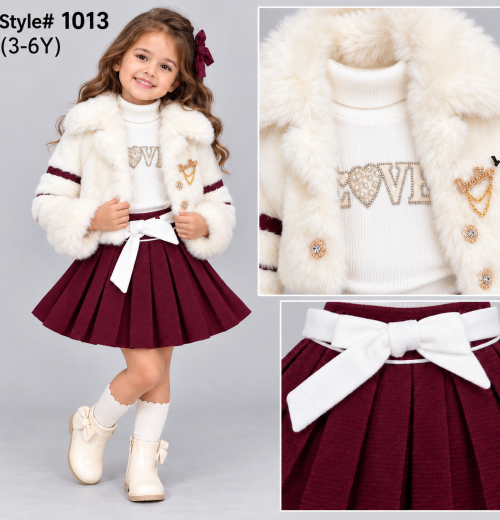 Girls 3pc Faux Fur Jacket, Pearl 'LOVE' Top, & Pleated Skirt Set (3-6y)