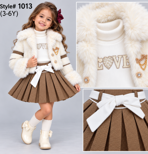 Girls 3pc Faux Fur Jacket, Pearl 'LOVE' Top, & Pleated Skirt Set (3-6y)