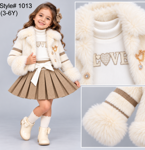 Girls 3pc Faux Fur Jacket, Pearl 'LOVE' Top, & Pleated Skirt Set (3-6y)