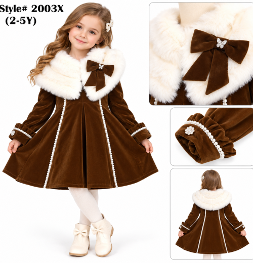 Girls 2pc Velvet Pearl Dress & Fur Cape Set (2-5y)