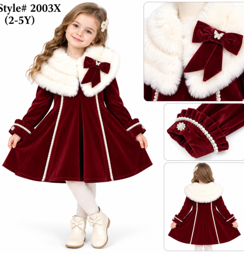 Girls 2pc Velvet Pearl Dress & Fur Cape Set (2-5y)