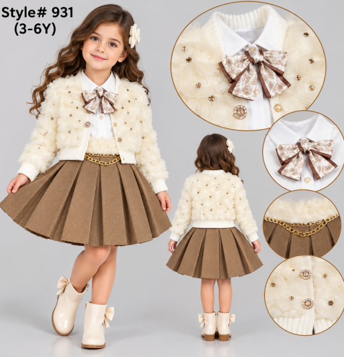 Girls 3pc Floral Diamante Jacket, Shirt & Pleated Skirt Set (3-6y)
