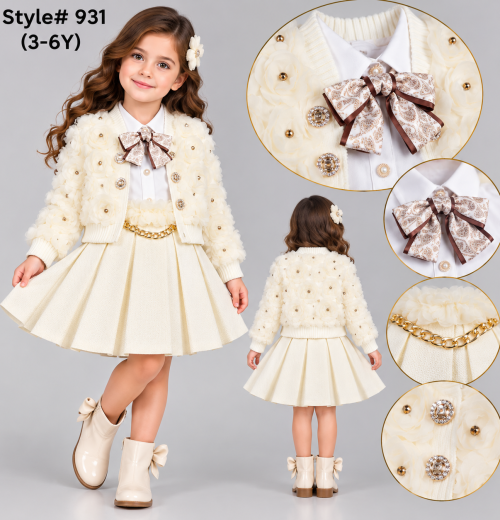 Girls 3pc Floral Diamante Jacket, Shirt & Pleated Skirt Set (3-6y)