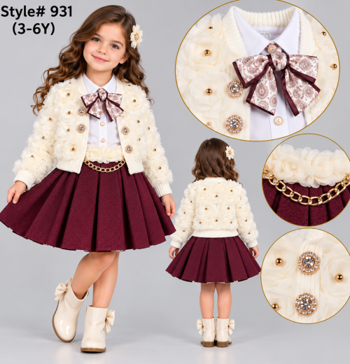 Girls 3pc Floral Diamante Jacket, Shirt & Pleated Skirt Set (3-6y)