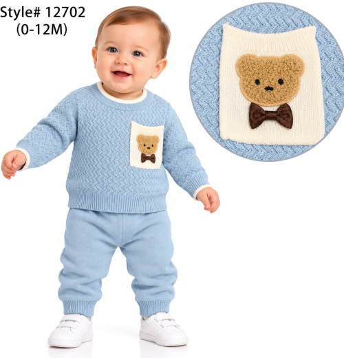 Baby Boys 2pc Teddy Zigzag Knitted Top & Bottoms Set (0-12m)