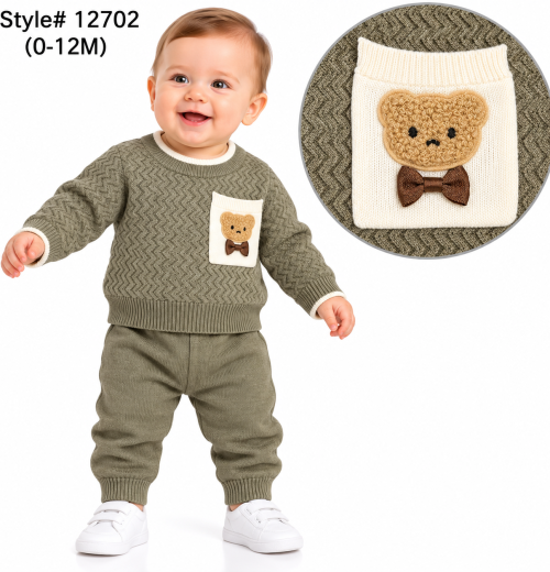 Baby Boys 2pc Teddy Zigzag Knitted Top & Bottoms Set (0-12m)