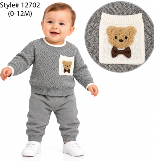 Baby Boys 2pc Teddy Zigzag Knitted Top & Bottoms Set (0-12m)