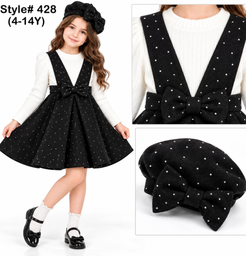 Girls 2pc Diamante Bow Dress & Hat Set (4-14y)