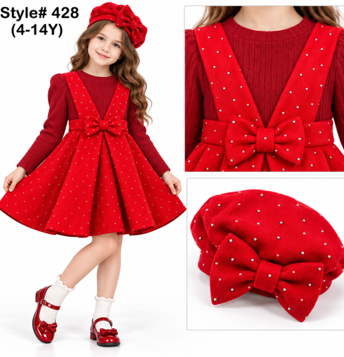 Girls 2pc Diamante Bow Dress & Hat Set (4-14y)