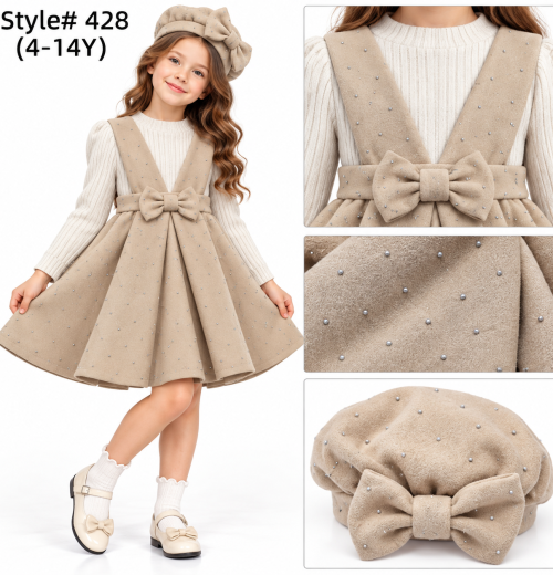 Girls 2pc Diamante Bow Dress & Hat Set (4-14y)