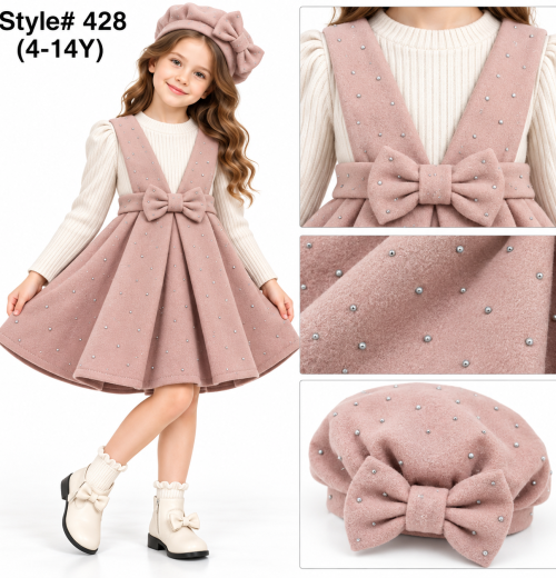 Girls 2pc Diamante Bow Dress & Hat Set (4-14y)
