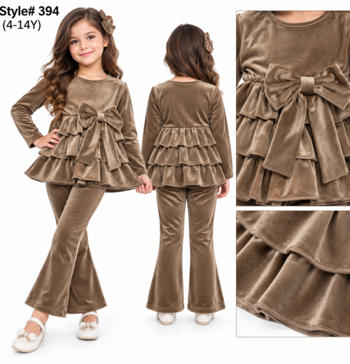 Girls 2pc Velour Layered Bow Top & Bottoms Set (4-14y)