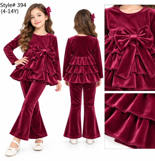 Girls 2pc Velour Layered Bow Top & Bottoms Set (4-14y)
