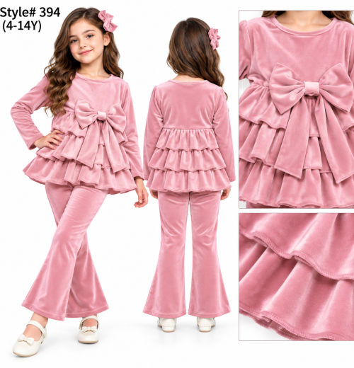 Girls 2pc Velour Layered Bow Top & Bottoms Set (4-14y)
