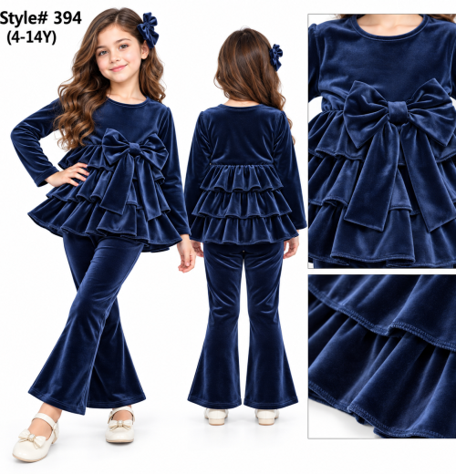 Girls 2pc Velour Layered Bow Top & Bottoms Set (4-14y)