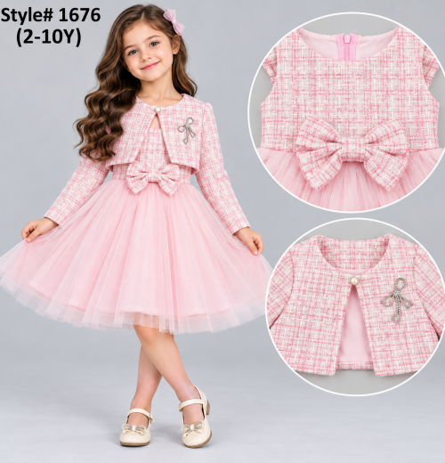 Girls 2pc Tweed Bow Party Dress & Shrug Set (2-10y)