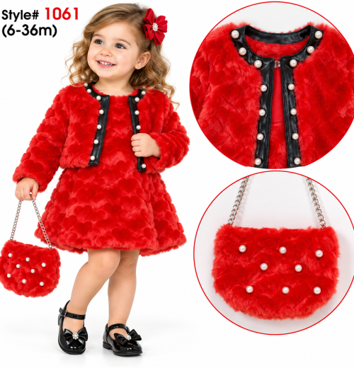 Baby Girls 3pc Faux Fur Dress, Pearl Shrug & Purse Set (6-36m)