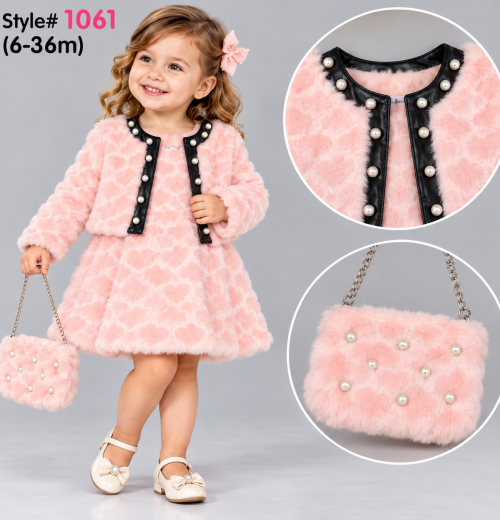 Baby Girls 3pc Faux Fur Dress, Pearl Shrug & Purse Set (6-36m)