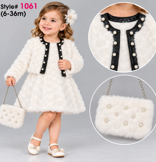 Baby Girls 3pc Faux Fur Dress, Pearl Shrug & Purse Set (6-36m)