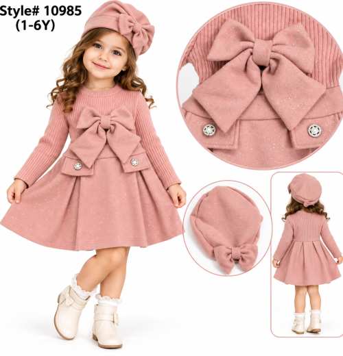 Girls 2pc Bow Glitter Dress & Hat Set (1-6y)