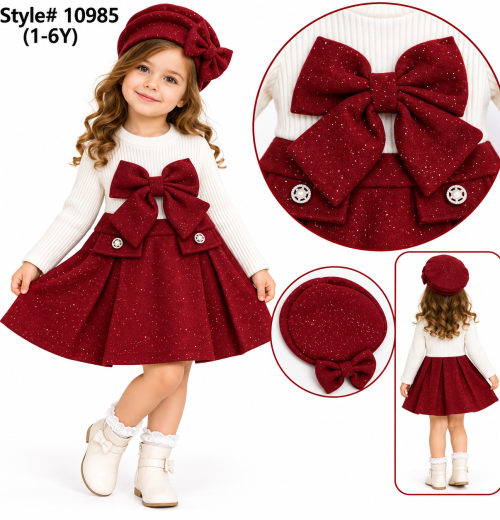 Girls 2pc Bow Glitter Dress & Hat Set (1-6y)