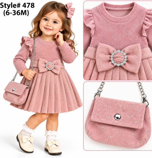Baby Girls 2pc Diamante Pleated Bow Dress & Purse Set (6-36m)