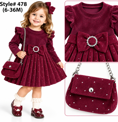 Baby Girls 2pc Diamante Pleated Bow Dress & Purse Set (6-36m)