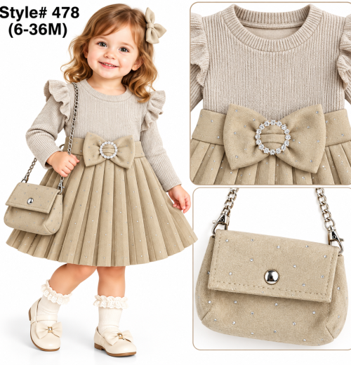 Baby Girls 2pc Diamante Pleated Bow Dress & Purse Set (6-36m)