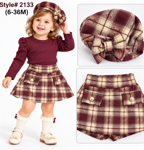 Baby Girls 3pc Top, Check Skort & Hat Set  (6-36m)