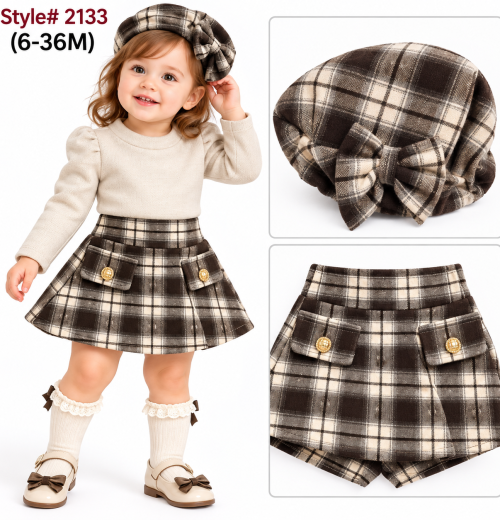 Baby Girls 3pc Top, Check Skort & Hat Set  (6-36m)