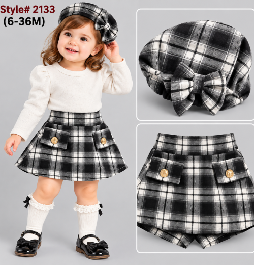 Baby Girls 3pc Top, Check Skort & Hat Set  (6-36m)