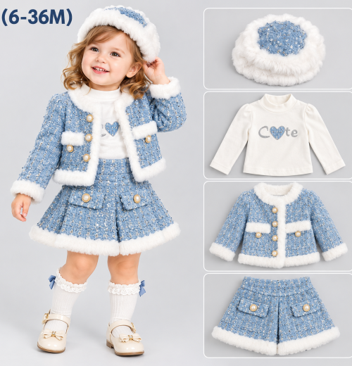 Baby Girls 4pc Fur Trim Jacket & Skirt Set with Hat (6m-4y)