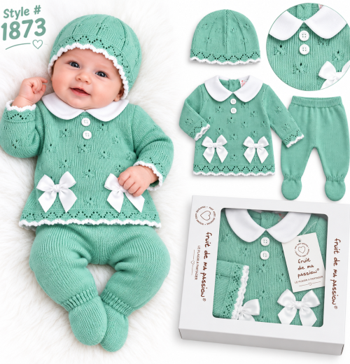 Baby Girls 3pc Double Bow Knitted Gift Set (NB)