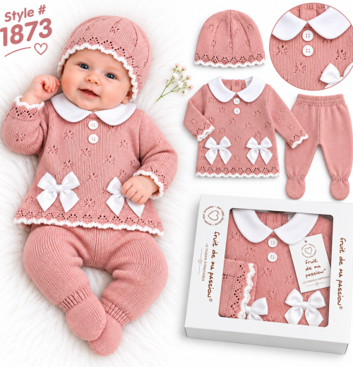 Baby Girls 3pc Double Bow Knitted Gift Set (NB)