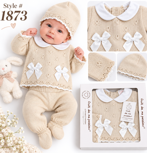 Baby Girls 3pc Double Bow Knitted Gift Set (NB)