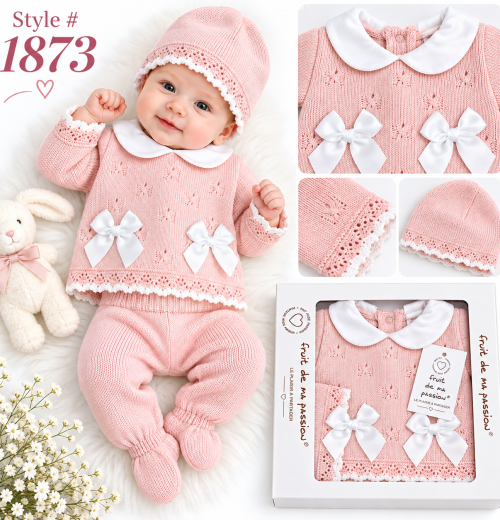 Baby Girls 3pc Double Bow Knitted Gift Set (NB)