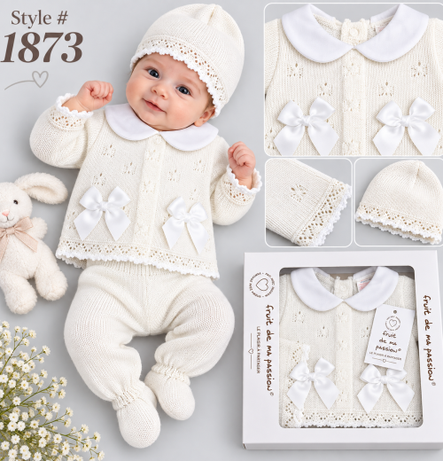 Baby Girls 3pc Double Bow Knitted Gift Set (NB)