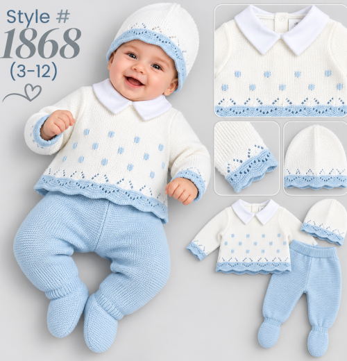 Baby Boys 3pc Knitted Set with Hat (3-12m)