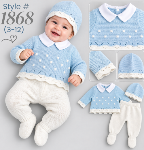Baby Boys 3pc Knitted Set with Hat (3-12m)