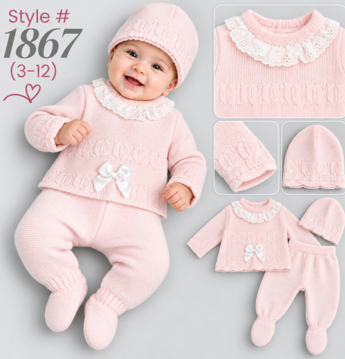 Baby Girls 3pc Knitted Bow Set with Hat (3-12m)