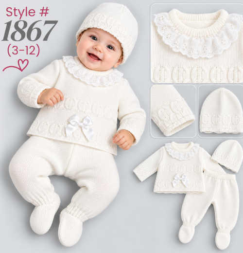 Baby Girls 3pc Knitted Bow Set with Hat (3-12m)