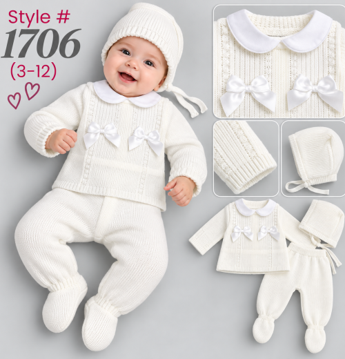 Baby Girls 3pc Knitted Double Bow Set with Bonnet (3-12m)