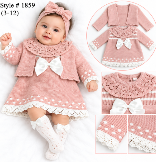 Baby Girls 2pc Knitted Bow Dress & Shrug Set (3-12m)