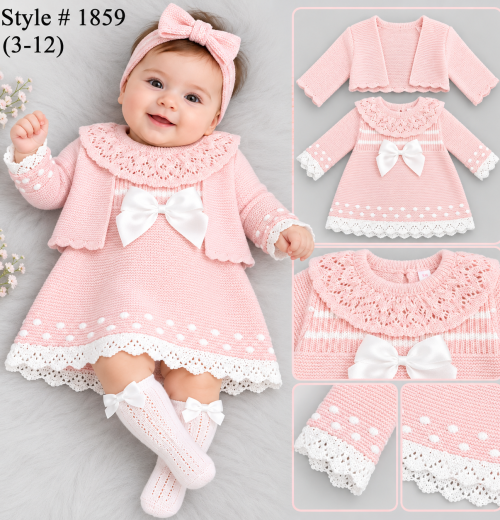 Baby Girls 2pc Knitted Bow Dress & Shrug Set (3-12m)