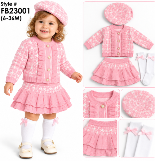 Baby Girls 4pc Knitted Layered Skirt Set with Socks & Hat (6-36m)