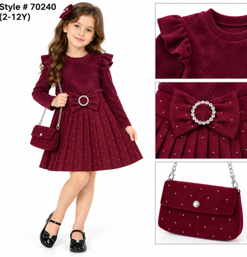 Girls 2pc Pleated Diamante Dress with Purse (2-12y)